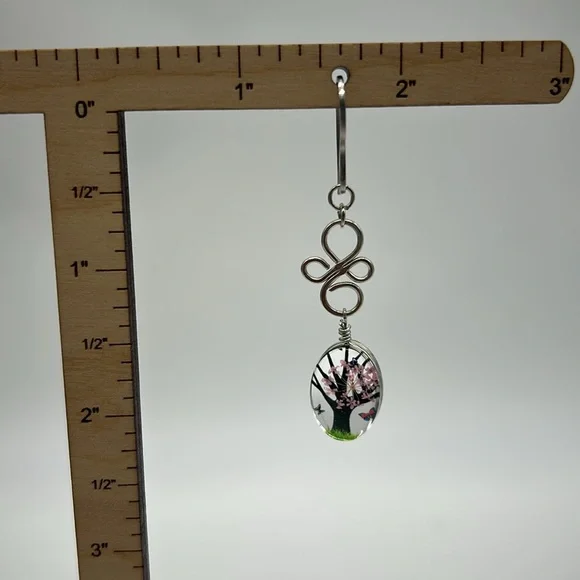 Tree of Life Dangle Earrings with Cherry Blossom Art Handmade Spring NWT - Picture 5 of 6